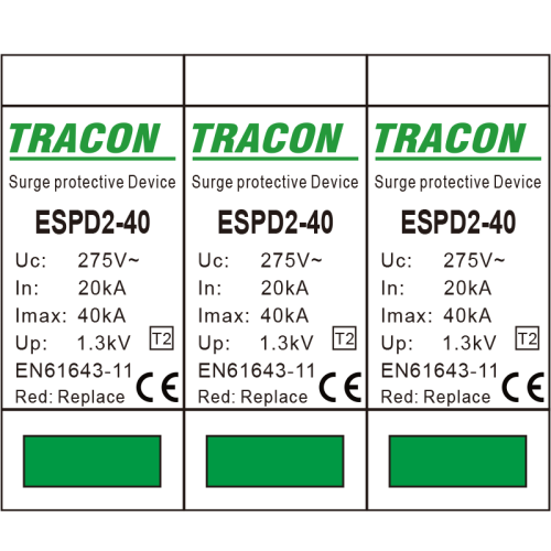 Ogranicznik przepięć T2, AC, wymienne wkładki Uc:275V; In:20kA; Imax:40kA; Up:1,3kV; 3P ESPD2-40-3P Tracon Electric