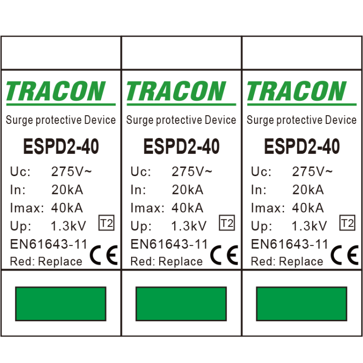 Ogranicznik przepięć T2, AC, wymienne wkładki Uc:275V; In:20kA; Imax:40kA; Up:1,3kV; 3P ESPD2-40-3P Tracon Electric
