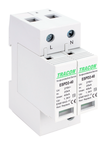 Ogranicznik przepięć T2, AC, wymienne wkładki Uc:275V; In:20kA; Imax:40kA; Up:1,3kV; 2P ESPD2-40-2P Tracon Electric