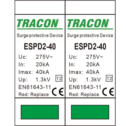 Ogranicznik przepięć T2, AC, wymienne wkładki Uc:275V; In:20kA; Imax:40kA; Up:1,3kV; 2P ESPD2-40-2P Tracon Electric