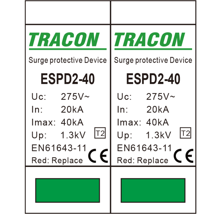 Ogranicznik przepięć T2, AC, wymienne wkładki Uc:275V; In:20kA; Imax:40kA; Up:1,3kV; 2P ESPD2-40-2P Tracon Electric