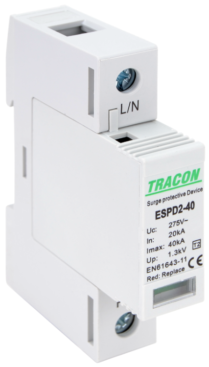 Ogranicznik przepięć T2, AC, wymienne wkładki Uc:275V; In:20kA; Imax:40kA; Up:1,3kV; 1P ESPD2-40-1P Tracon Electric