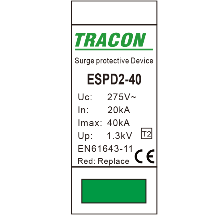 Ogranicznik przepięć T2, AC, wymienne wkładki Uc:275V; In:20kA; Imax:40kA; Up:1,3kV; 1P ESPD2-40-1P Tracon Electric