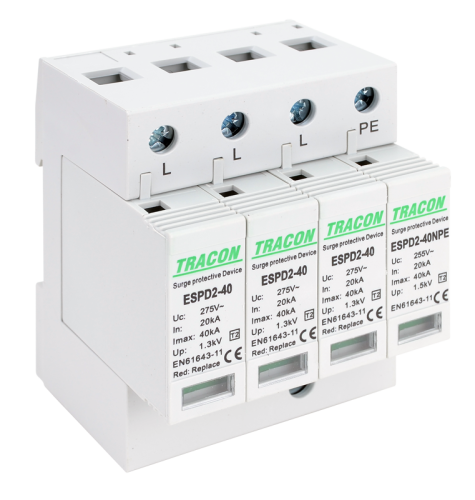 Ogranicznik przepięć T2, AC, wymienne wkładki Uc:275/255V; In:20kA; Imax:40kA; Up:1,3/1,5kV; 3+1P ESPD2-40-3+1P Tracon Electric