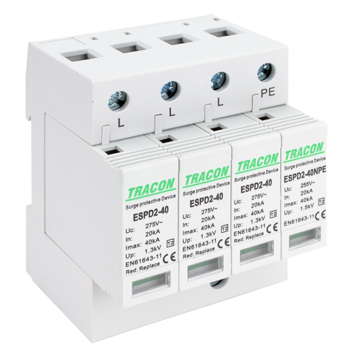Ogranicznik przepięć T2, AC, wymienne wkładki Uc:275/255V; In:20kA; Imax:40kA; Up:1,3/1,5kV; 3+1P ESPD2-40-3+1P Tracon Electric