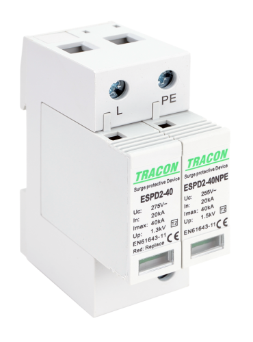 Ogranicznik przepięć T2, AC, wymienne wkładki Uc:275/255V; In:20kA; Imax:40kA; Up:1,3/1,5kV; 1+1P ESPD2-40-1+1P Tracon Electric