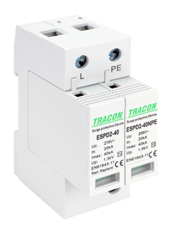 Ogranicznik przepięć T2, AC, wymienne wkładki Uc:275/255V; In:20kA; Imax:40kA; Up:1,3/1,5kV; 1+1P ESPD2-40-1+1P Tracon Electric