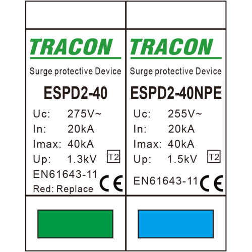 Ogranicznik przepięć T2, AC, wymienne wkładki Uc:275/255V; In:20kA; Imax:40kA; Up:1,3/1,5kV; 1+1P ESPD2-40-1+1P Tracon Electric