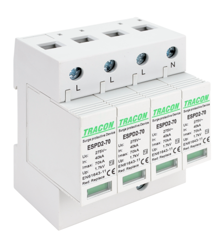 Ogranicznik przepięć T2, AC, wymienne wkładki Uc:275V; In:40kA; Imax:70kA; Up:1,7kV; 4P ESPD2-70-4P Tracon Electric