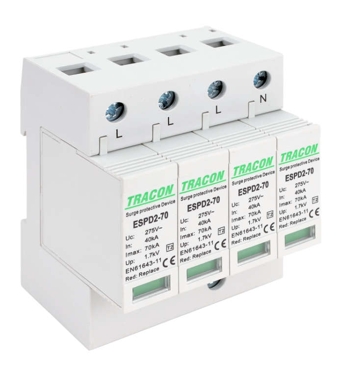 Ogranicznik przepięć T2, AC, wymienne wkładki Uc:275V; In:40kA; Imax:70kA; Up:1,7kV; 4P ESPD2-70-4P Tracon Electric