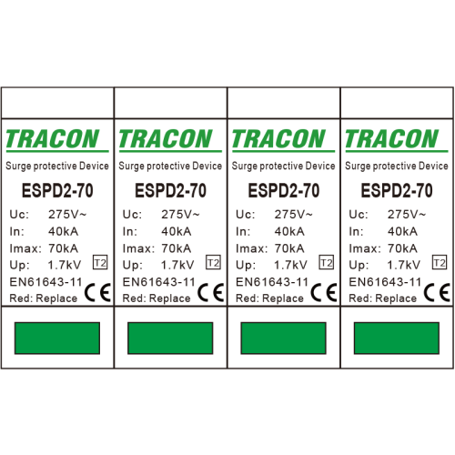 Ogranicznik przepięć T2, AC, wymienne wkładki Uc:275V; In:40kA; Imax:70kA; Up:1,7kV; 4P ESPD2-70-4P Tracon Electric