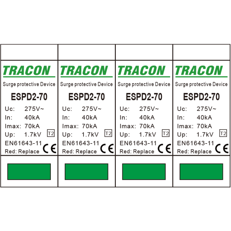 Ogranicznik przepięć T2, AC, wymienne wkładki Uc:275V; In:40kA; Imax:70kA; Up:1,7kV; 4P ESPD2-70-4P Tracon Electric