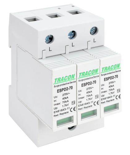Ogranicznik przepięć T2, AC, wymienne wkładki Uc:275V; In:40kA; Imax:70kA; Up:1,7kV; 3P ESPD2-70-3P Tracon Electric
