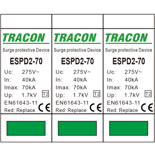 Ogranicznik przepięć T2, AC, wymienne wkładki Uc:275V; In:40kA; Imax:70kA; Up:1,7kV; 3P ESPD2-70-3P Tracon Electric
