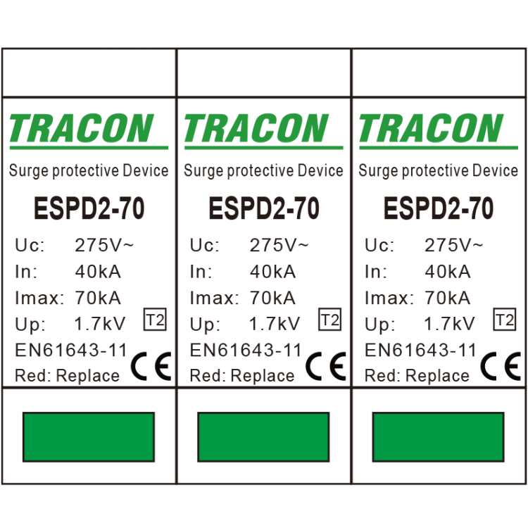 Ogranicznik przepięć T2, AC, wymienne wkładki Uc:275V; In:40kA; Imax:70kA; Up:1,7kV; 3P ESPD2-70-3P Tracon Electric