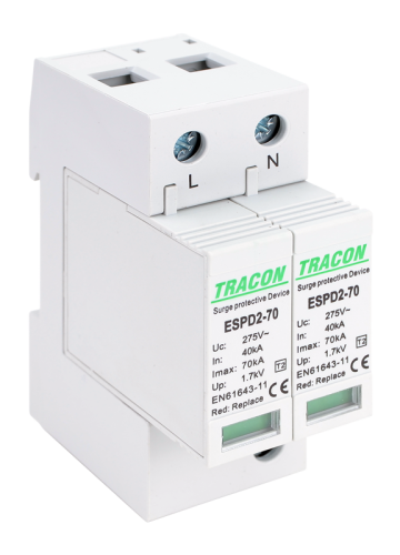 Ogranicznik przepięć T2, AC, wymienne wkładki Uc:275V; In:40kA; Imax:70kA; Up:1,7kV; 2P ESPD2-70-2P Tracon Electric