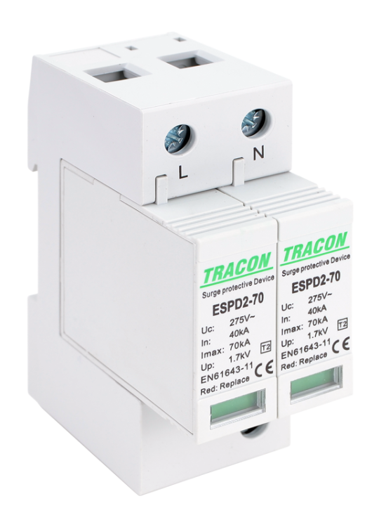 Ogranicznik przepięć T2, AC, wymienne wkładki Uc:275V; In:40kA; Imax:70kA; Up:1,7kV; 2P ESPD2-70-2P Tracon Electric