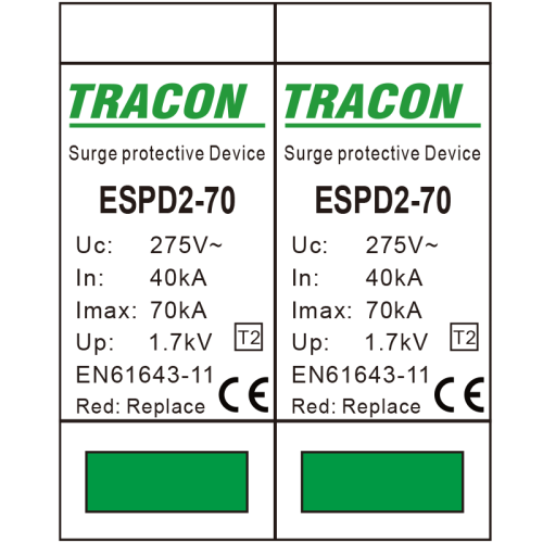 Ogranicznik przepięć T2, AC, wymienne wkładki Uc:275V; In:40kA; Imax:70kA; Up:1,7kV; 2P ESPD2-70-2P Tracon Electric