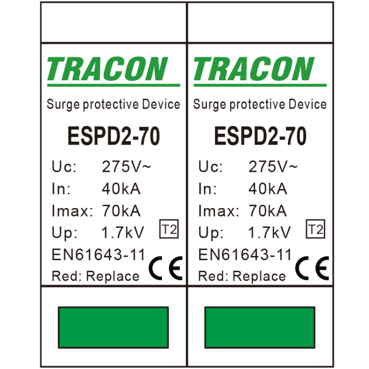 Ogranicznik przepięć T2, AC, wymienne wkładki Uc:275V; In:40kA; Imax:70kA; Up:1,7kV; 2P ESPD2-70-2P Tracon Electric