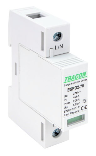 Ogranicznik przepięć T2, AC, wymienne wkładki Uc:275V; In:40kA; Imax:70kA; Up:1,7kV; 1P ESPD2-70-1P Tracon Electric