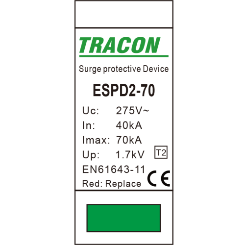 Ogranicznik przepięć T2, AC, wymienne wkładki Uc:275V; In:40kA; Imax:70kA; Up:1,7kV; 1P ESPD2-70-1P Tracon Electric