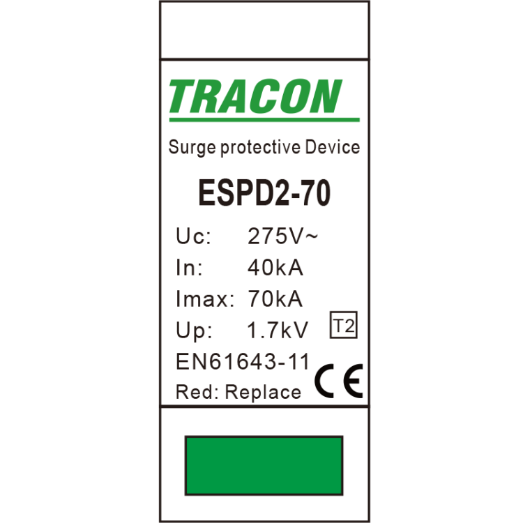 Ogranicznik przepięć T2, AC, wymienne wkładki Uc:275V; In:40kA; Imax:70kA; Up:1,7kV; 1P ESPD2-70-1P Tracon Electric