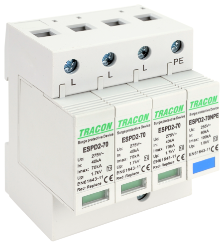Ogranicznik przepięć T2, AC, wymienne wkładki Uc:275/255V; In:40kA; Imax:70kA; Up:1,7/1,5kV; 3+1P ESPD2-70-3+1P Tracon Electric