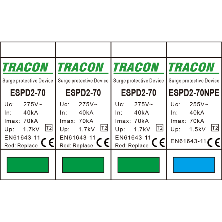 Ogranicznik przepięć T2, AC, wymienne wkładki Uc:275/255V; In:40kA; Imax:70kA; Up:1,7/1,5kV; 3+1P ESPD2-70-3+1P Tracon Electric