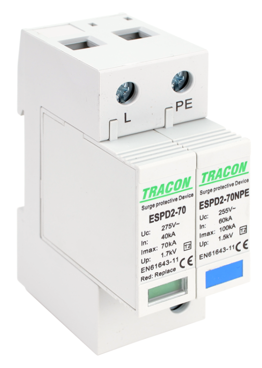 Ogranicznik przepięć T2, AC, wymienne wkładki Uc:275/255V; In:40kA; Imax:70kA; Up:1,7/1,5kV; 1+1P ESPD2-70-1+1P Tracon Electric