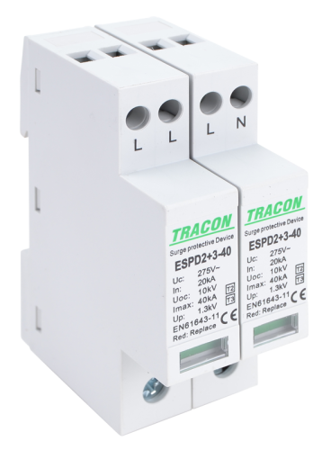 Ogranicznik przepięć T2+T3, AC, jednolita obudowa Uc:275V; In:20kA; Imax40kA; Uoc:10kV; Up:1,3kV; 4P ESPD2+3-40-4P Tracon Electric