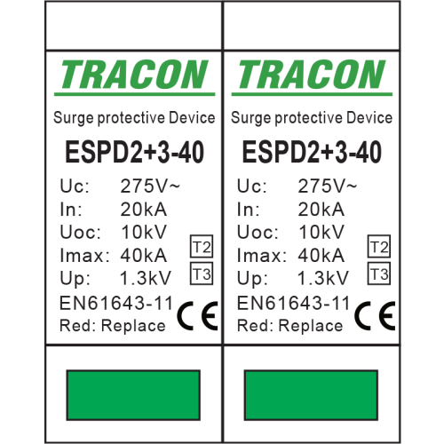 Ogranicznik przepięć T2+T3, AC, jednolita obudowa Uc:275V; In:20kA; Imax40kA; Uoc:10kV; Up:1,3kV; 4P ESPD2+3-40-4P Tracon Electric