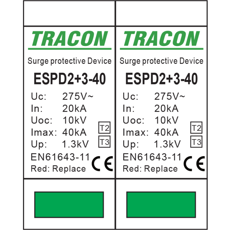 Ogranicznik przepięć T2+T3, AC, jednolita obudowa Uc:275V; In:20kA; Imax40kA; Uoc:10kV; Up:1,3kV; 4P ESPD2+3-40-4P Tracon Electric