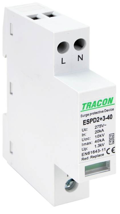 Ogranicznik przepięć T2+T3, AC, jednolita obudowa Uc:275V; In:20kA; Imax40kA; Uoc:10kV; Up:1,3kV; 2P ESPD2+3-40-2P Tracon Electric