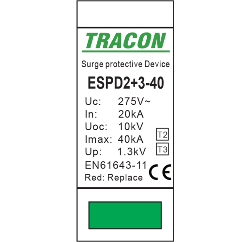 Ogranicznik przepięć T2+T3, AC, jednolita obudowa Uc:275V; In:20kA; Imax40kA; Uoc:10kV; Up:1,3kV; 2P ESPD2+3-40-2P Tracon Electric