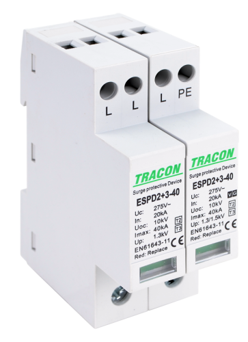 Ogranicznik przepięć T2+T3, AC, jednolita obudowa Uc:275V; In:20kA; Imax40kA; Uoc:10kV; Up:1,3/1,5kV; 3+1P ESPD2+3-40-3+1P Tracon Electric
