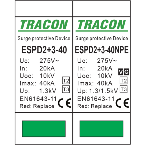 Ogranicznik przepięć T2+T3, AC, jednolita obudowa Uc:275V; In:20kA; Imax40kA; Uoc:10kV; Up:1,3/1,5kV; 3+1P ESPD2+3-40-3+1P Tracon Electric