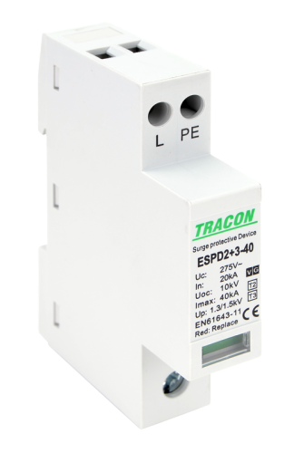 Ogranicznik przepięć T2+T3, AC, jednolita obudowa Uc:275V; In:20kA; Imax40kA; Uoc:10kV; Up:1,3/1,5kV; 1+1P ESPD2+3-40-1+1P Tracon Electric