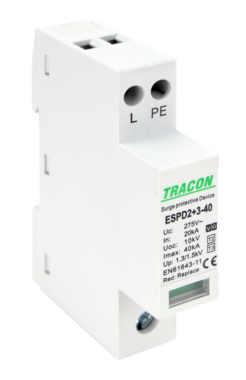 Ogranicznik przepięć T2+T3, AC, jednolita obudowa Uc:275V; In:20kA; Imax40kA; Uoc:10kV; Up:1,3/1,5kV; 1+1P ESPD2+3-40-1+1P Tracon Electric