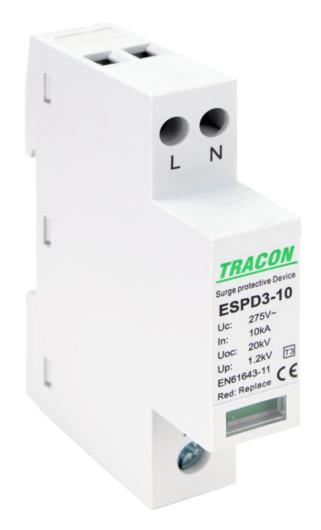 Ogranicznik przepięć T3, AC, jednolita obudowa Uc:275V; In:10kA; Uoc:20kV; Up:1,2kV; 2P ESPD3-10-2P Tracon Electric