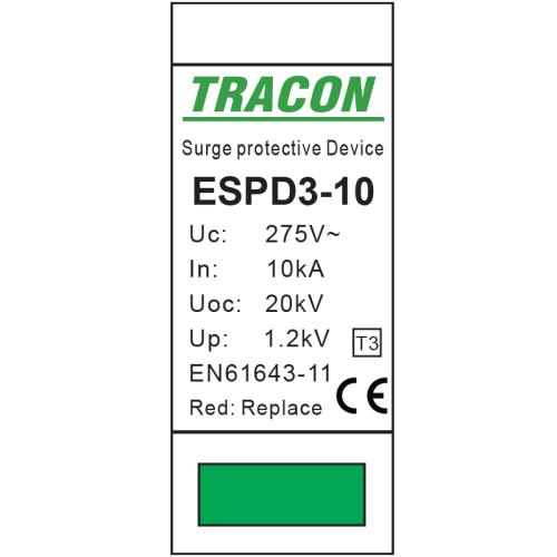 Ogranicznik przepięć T3, AC, jednolita obudowa Uc:275V; In:10kA; Uoc:20kV; Up:1,2kV; 2P ESPD3-10-2P Tracon Electric