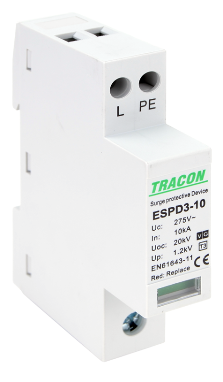 Ogranicznik przepięć T3, AC, jednolita obudowa Uc:275V; In:10kA; Uoc:20kV; Up:1,2kV; 1+1P ESPD3-10-1+1P Tracon Electric