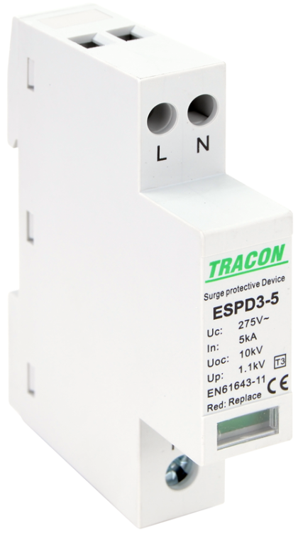 Ogranicznik przepięć T3, AC, jednolita obudowa Uc:275V; In:5kA; Uoc:10kV; Up:1,2kV; 2P ESPD3-5-2P Tracon Electric