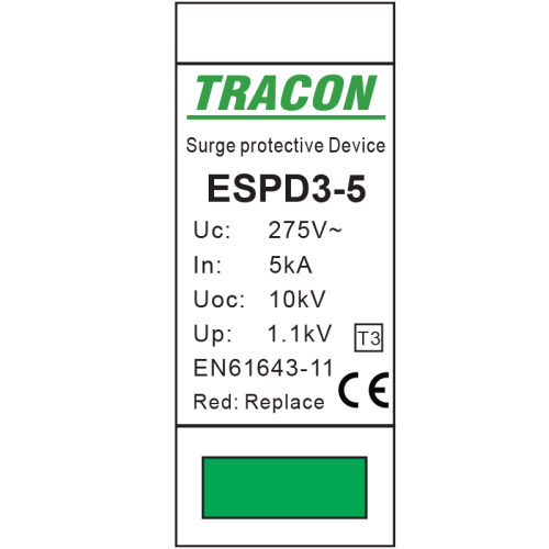 Ogranicznik przepięć T3, AC, jednolita obudowa Uc:275V; In:5kA; Uoc:10kV; Up:1,2kV; 2P ESPD3-5-2P Tracon Electric