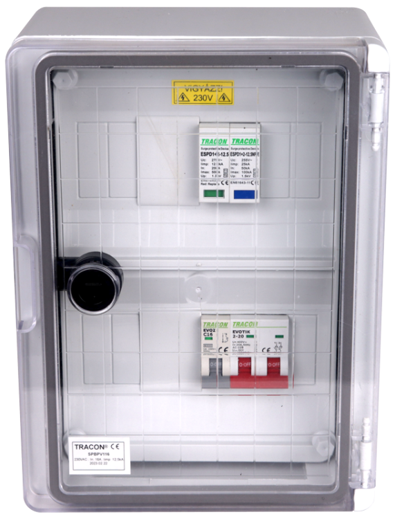Skrzynka ochrony przeciwprzepięciowej dla systemów PV 280×210×130mm,IP65,IK10,AC1+2, 230V, In:16A, Iimp:12.5kA, SPBPV116 Tracon Electric