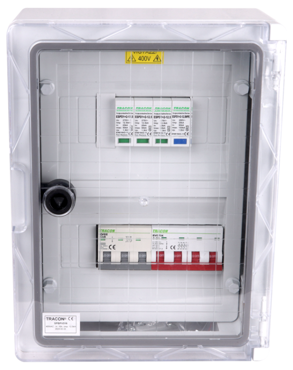 Skrzynka ochrony przeciwprzepięciowej dla systemów PV 330×250×130mm,IP65,IK10,AC1+2, 400V, In:16A, Iimp:12.5kA, SPBPV316 Tracon Electric