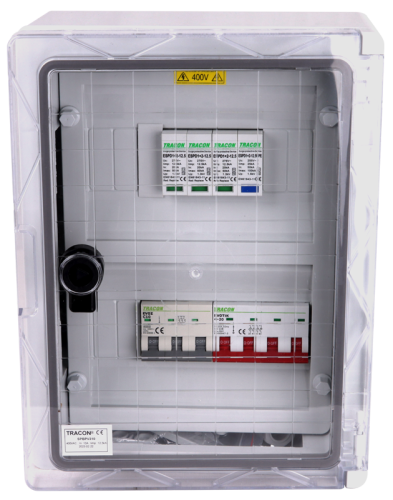 Skrzynka ochrony przeciwprzepięciowej dla systemów PV 330×250×130mm,IP65,IK10,AC1+2, 400V, In:10A, Iimp:12.5kA, SPBPV310 Tracon Electric