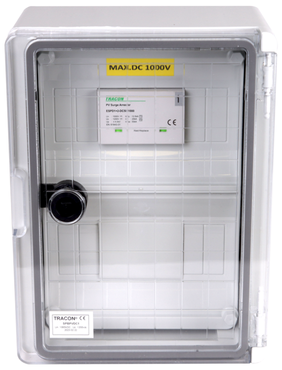 Skrzynka ochrony przeciwprzepięciowej dla systemów PV 280×210×130mm, IP65, DC1+2, Un=1000VDC SPBPVDC1 Tracon Electric