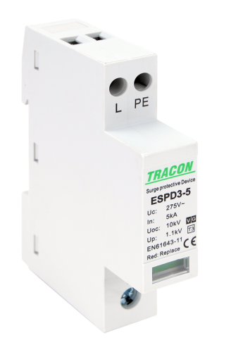 Ogranicznik przepięć T3, AC, jednolita obudowa Uc:275V; In:5kA; Uoc:10kV; Up:1,2kV; 1+1P ESPD3-5-1+1P Tracon Electric