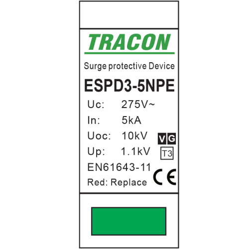 Ogranicznik przepięć T3, AC, jednolita obudowa Uc:275V; In:5kA; Uoc:10kV; Up:1,2kV; 1+1P ESPD3-5-1+1P Tracon Electric