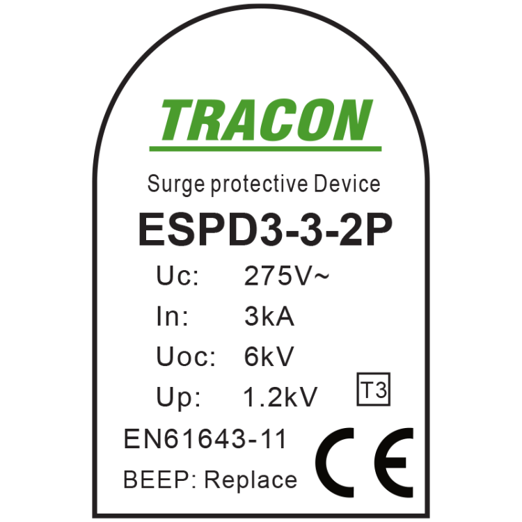 Ogranicznik przepięć T3, AC, montaż do puszki Uc:275V; In:3kA; Uoc:6kV; Up:1,2kV; 2P; BEEP ESPD3-3-2P Tracon Electric